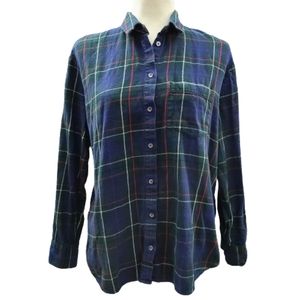 Madewell Oversized Ex-Boyfriend Flannel Button Down Shirt Dark Blue Green Plaid